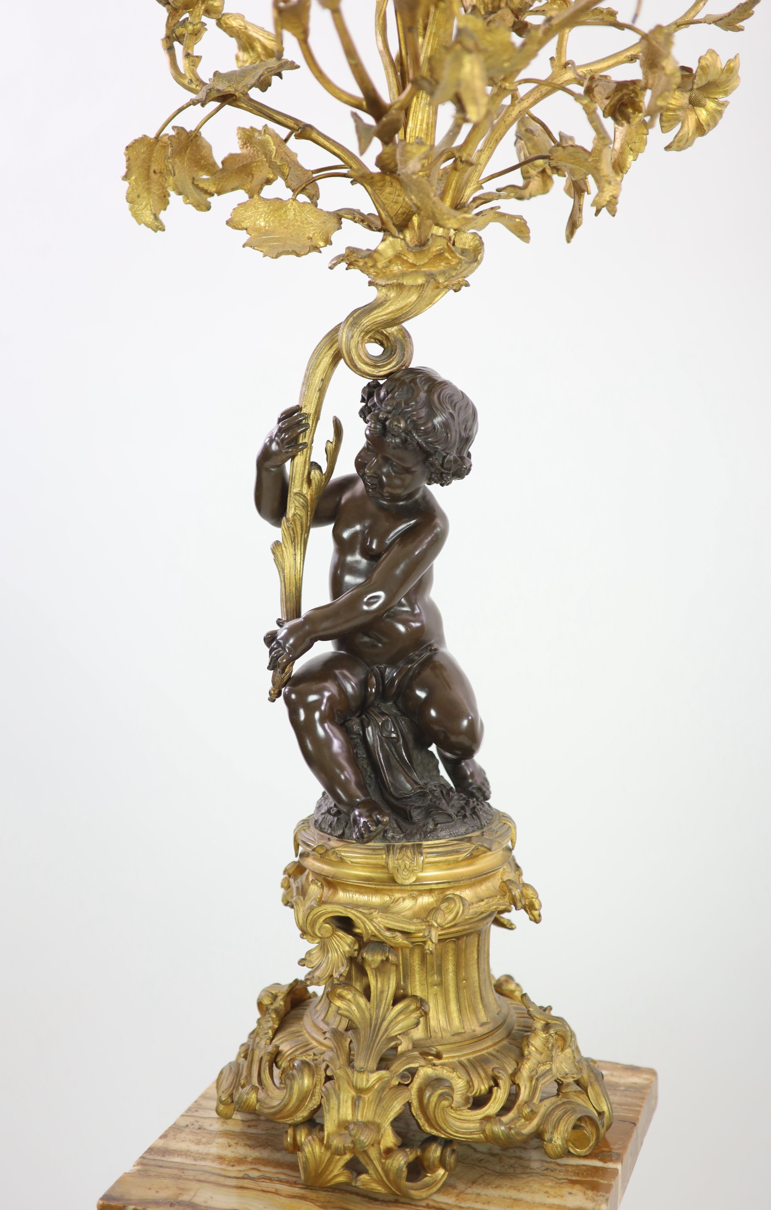 A pair of 19th century French bronze and ormolu six light candelabra, W.27cm H.109cm